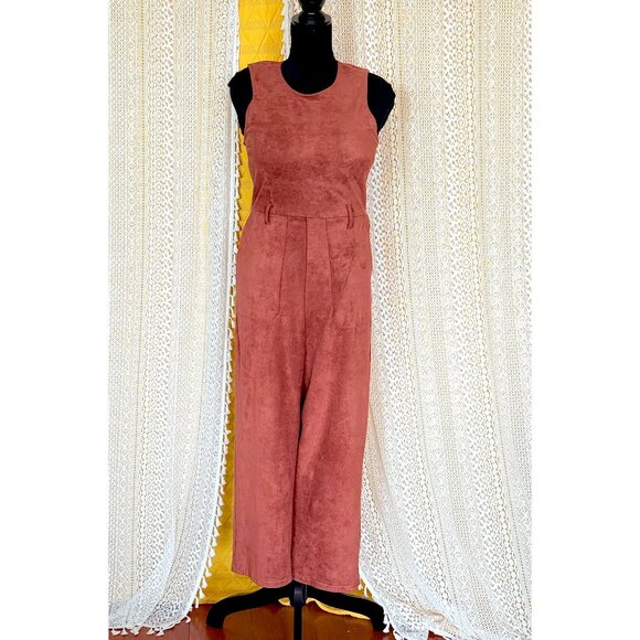 Anthropologie Chestnut Rust Faux Suede Jumpsuit Pockets Women's Size M - Picture 1 of 13